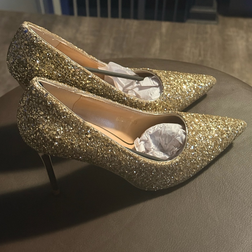 Bigtree Gold Glitter Pointed Toe Pumps - Women's Dress Heels - Picture 2 of 8